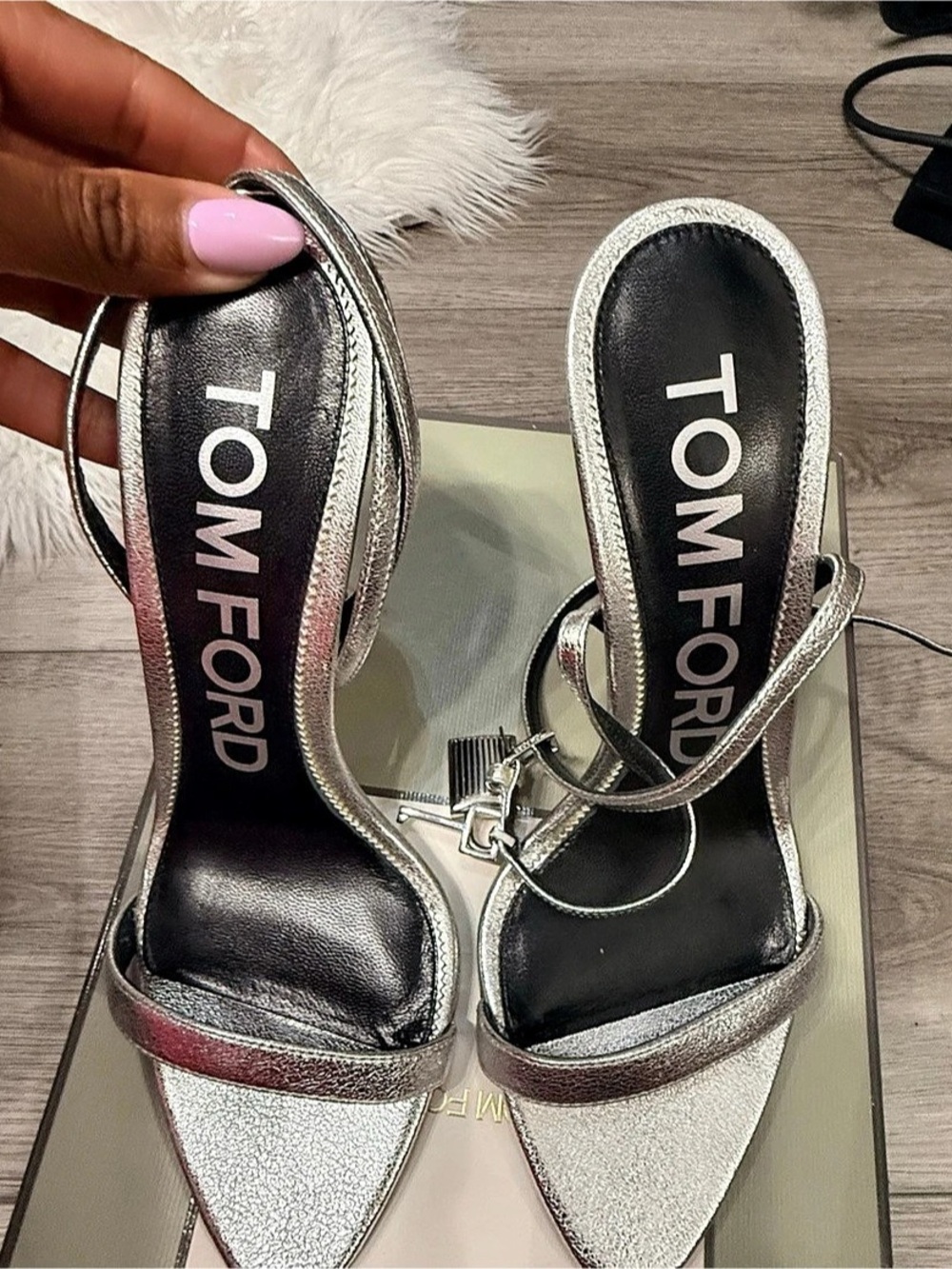 Tom Ford Padlock Pointy Naked Heeled Sandal Silver EU 37 1/2